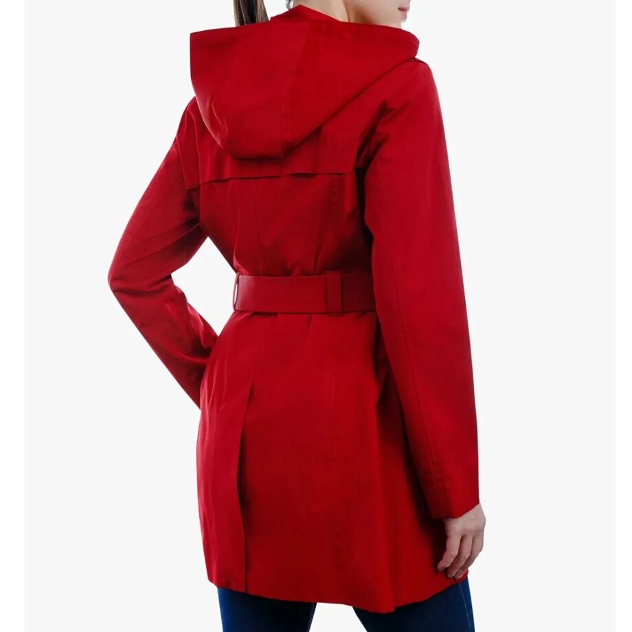 Women Zip Front Belted Hooded Coat