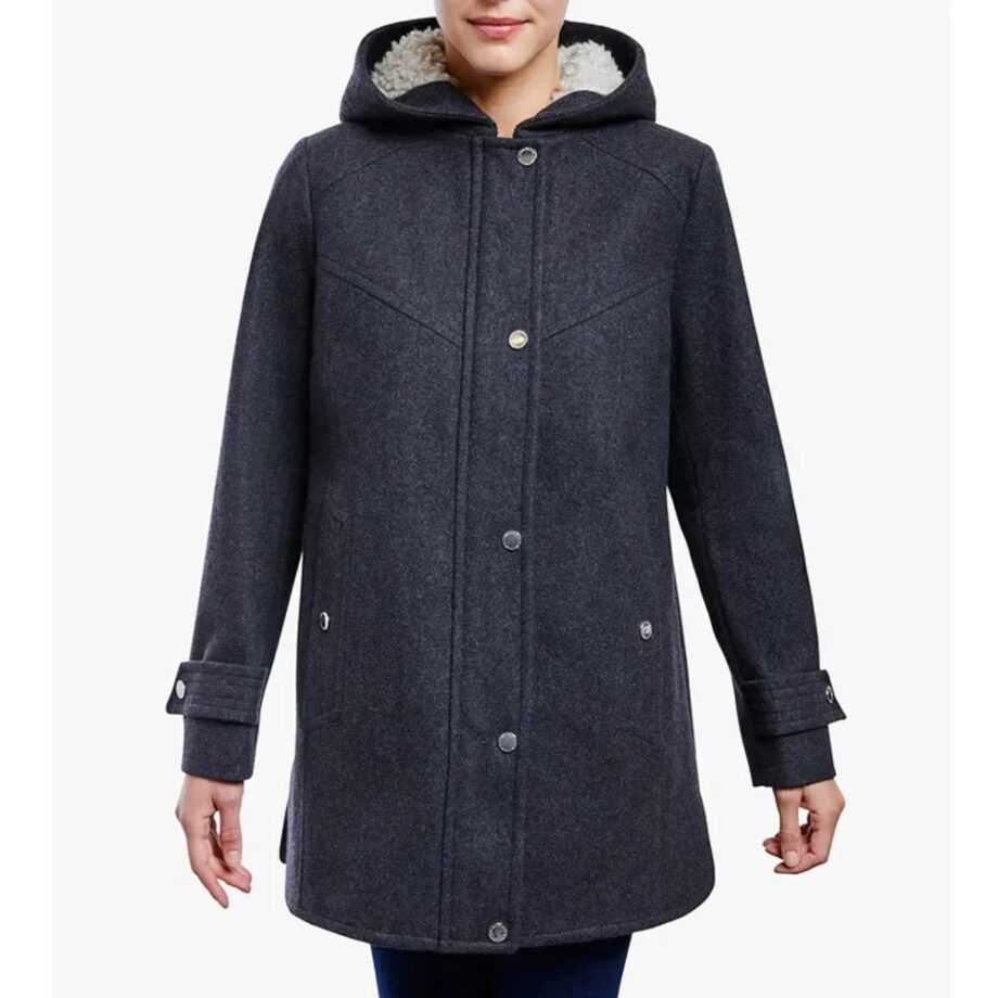 Women Zip Front Wool Sherpa Hooded Coat