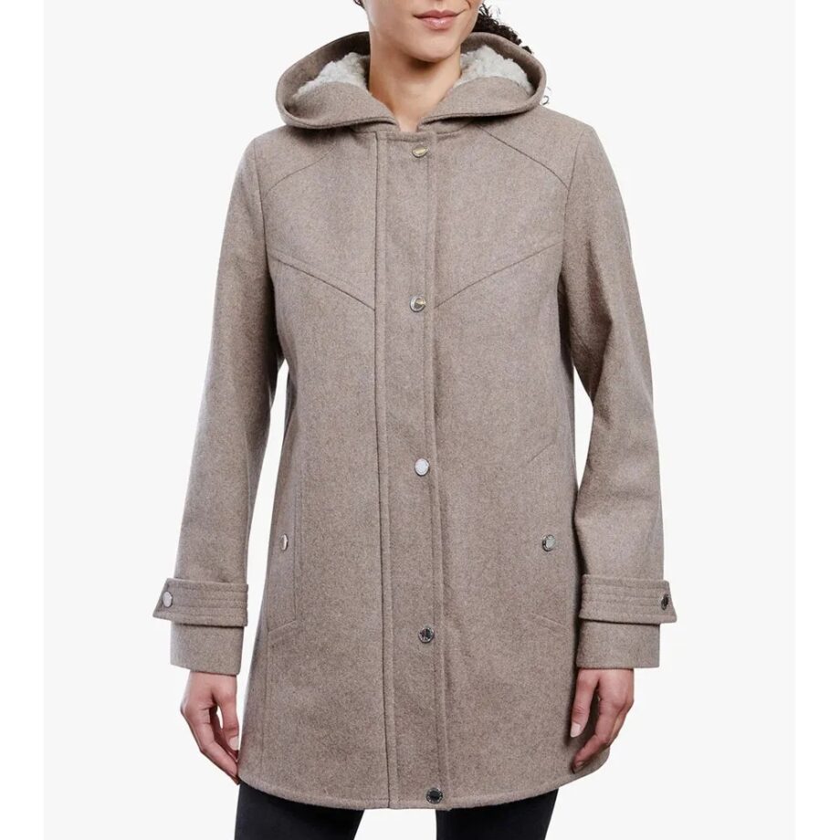 Women Zip Front Wool Sherpa Hooded Coat