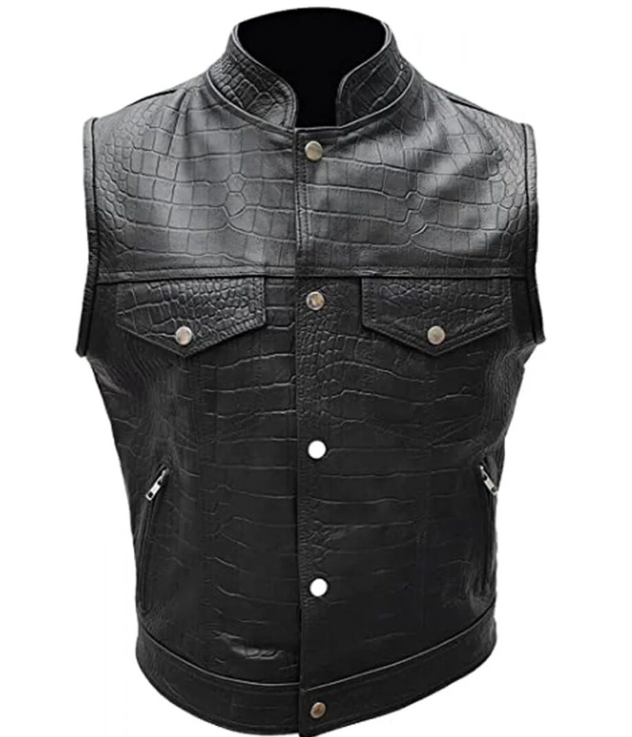 Men Motorcycle Alligator Black Leather Vest