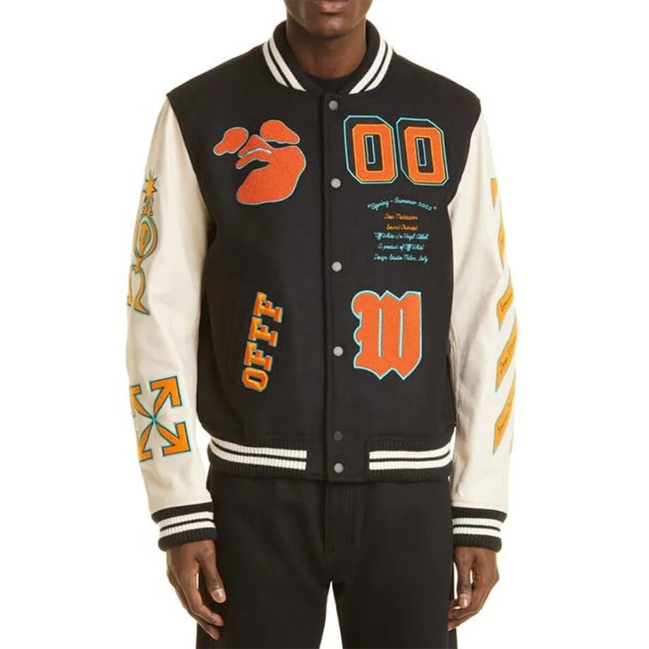 Black & Orange Off-White Graphic Varsity Jacket