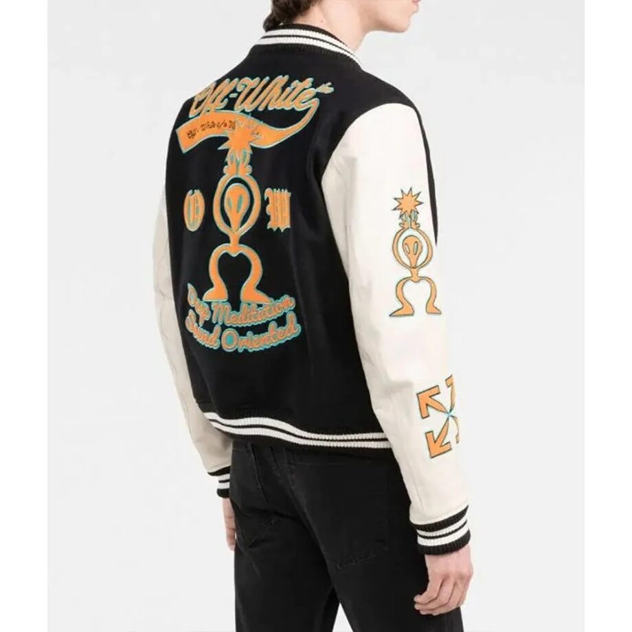 Black & Orange Off-White Graphic Varsity Jacket