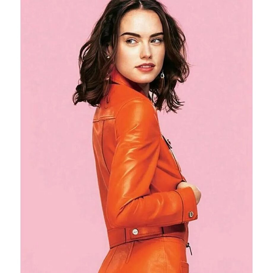 Daisy Ridley Hot Orange Leather Jacket