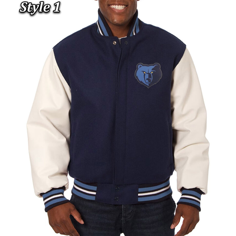 Memphis Grizzlies Navy & White Varsity Wool Leather Jacket
