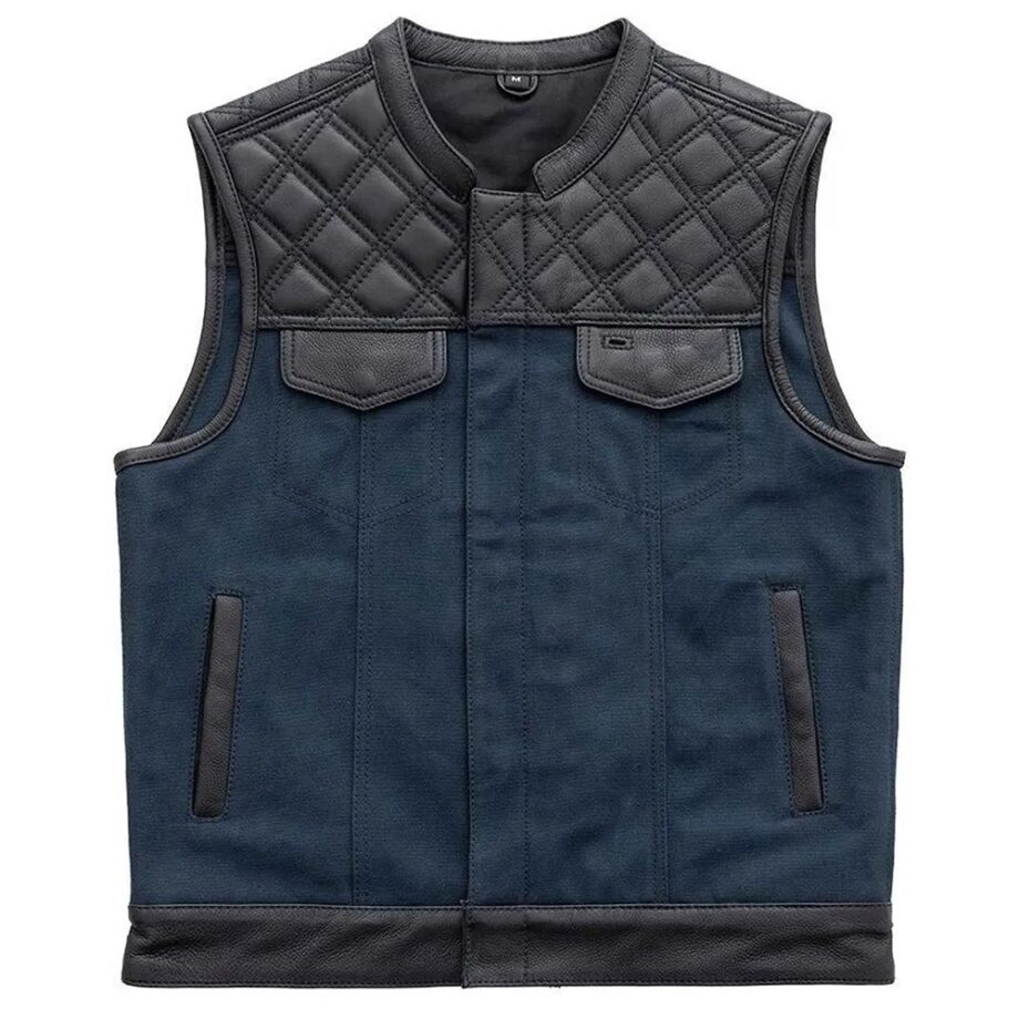 Men Motorcycle Leather & Canvas Hunt Club Vest