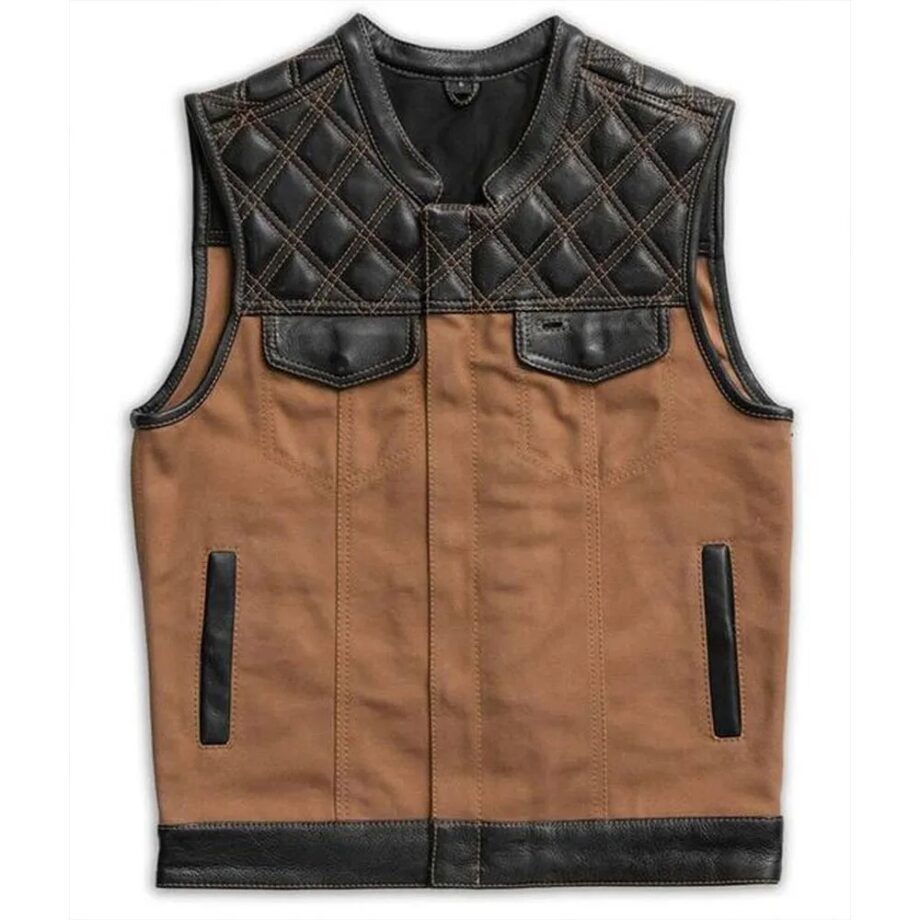 Men Motorcycle Leather & Canvas Hunt Club Vest