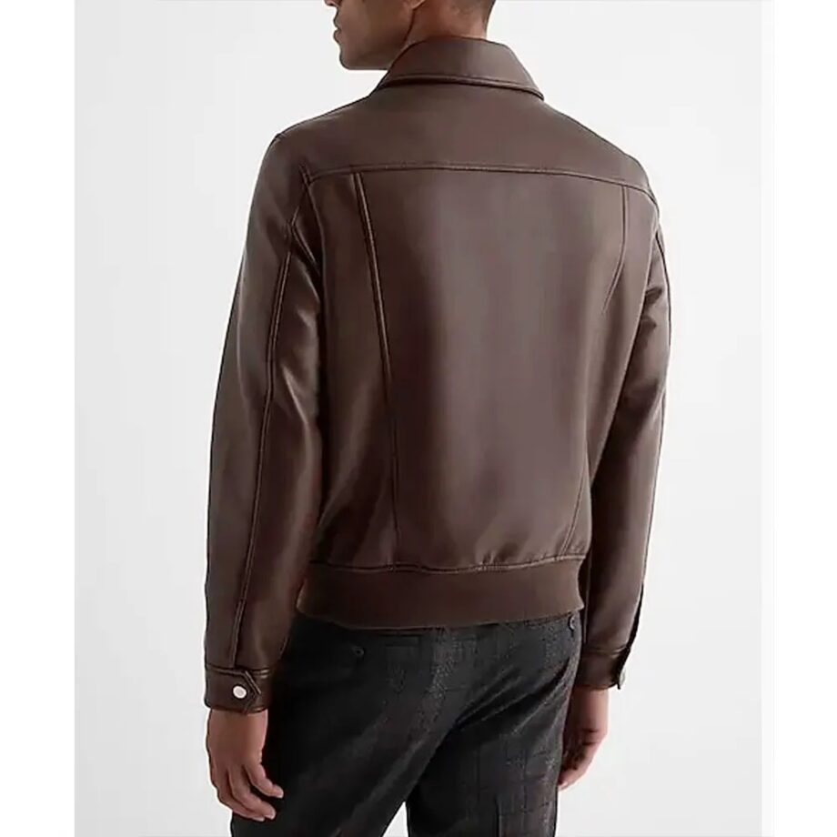 Mens Brown Shirt Collar Faux Leather Jacket