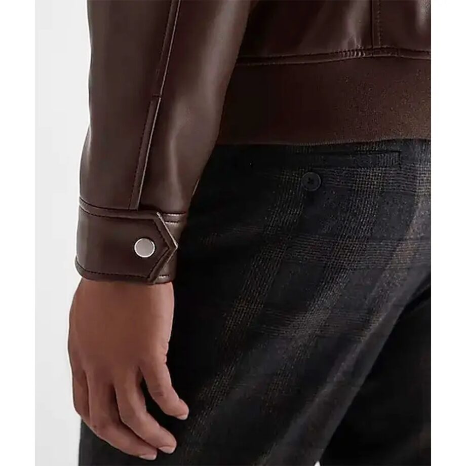 Mens Brown Shirt Collar Faux Leather Jacket