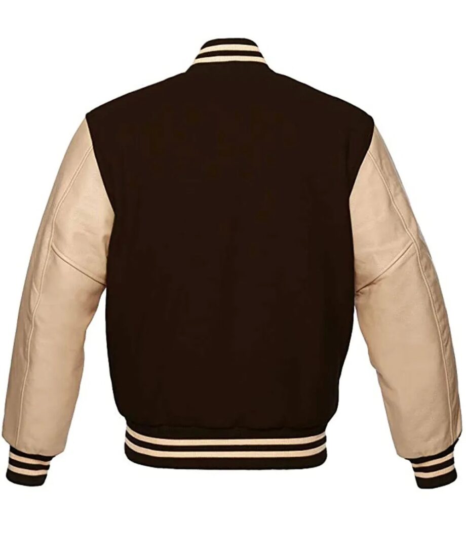 Mens Brown Varsity Jacket with Cream Leather Sleeves
