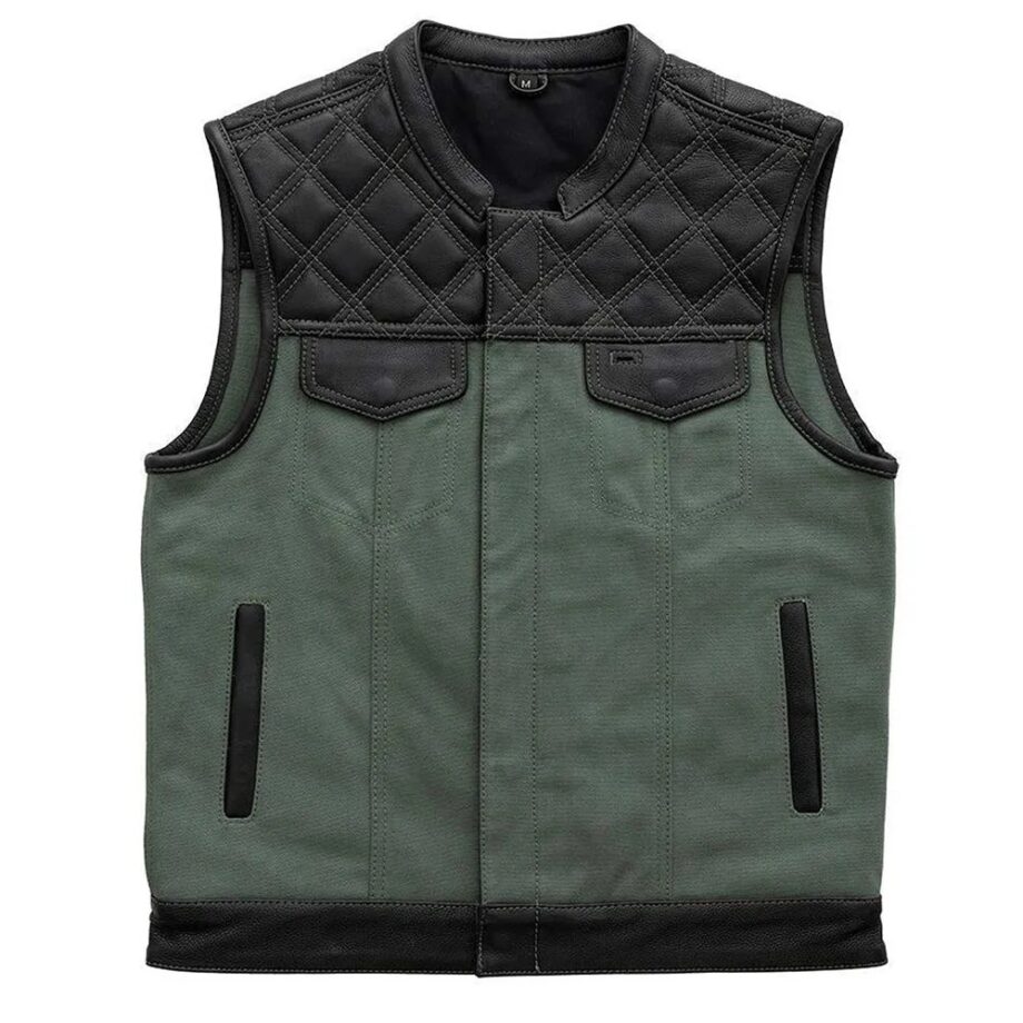 Men Motorcycle Leather & Canvas Hunt Club Vest