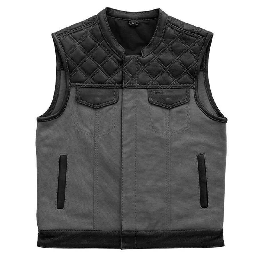 Men Motorcycle Leather & Canvas Hunt Club Vest