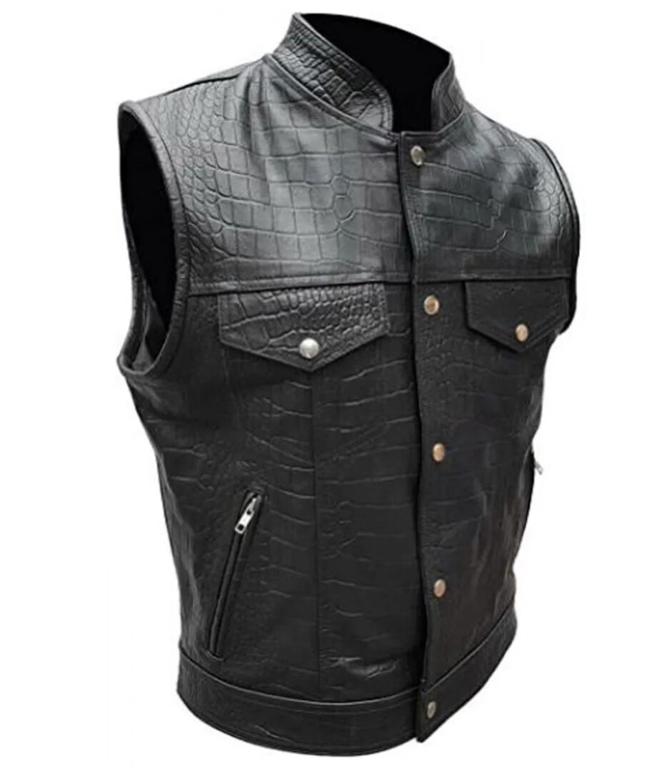 Men Motorcycle Alligator Black Leather Vest