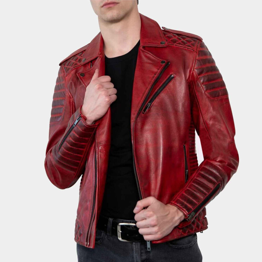 Men Red Padded Leather Biker Jacket