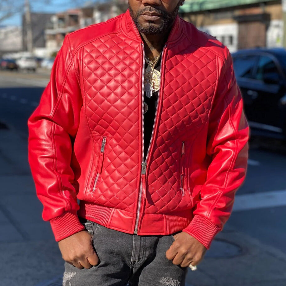 Men Red Quilted Bomber Leather Jacket