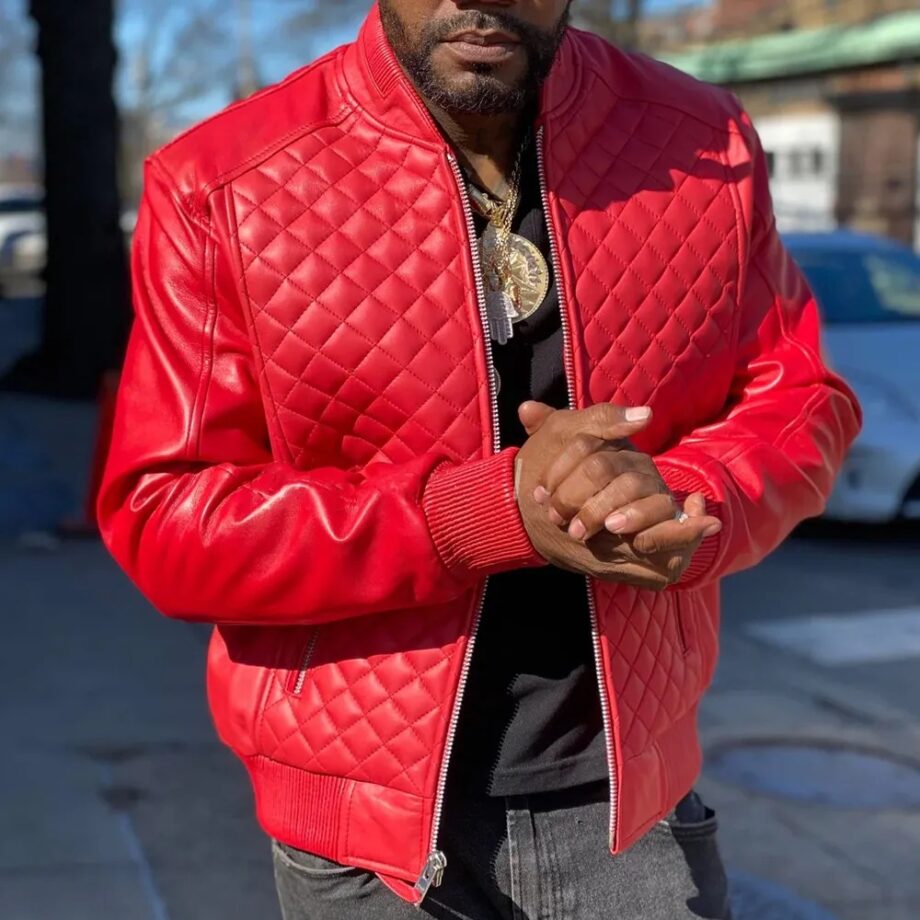 Men Red Quilted Bomber Leather Jacket