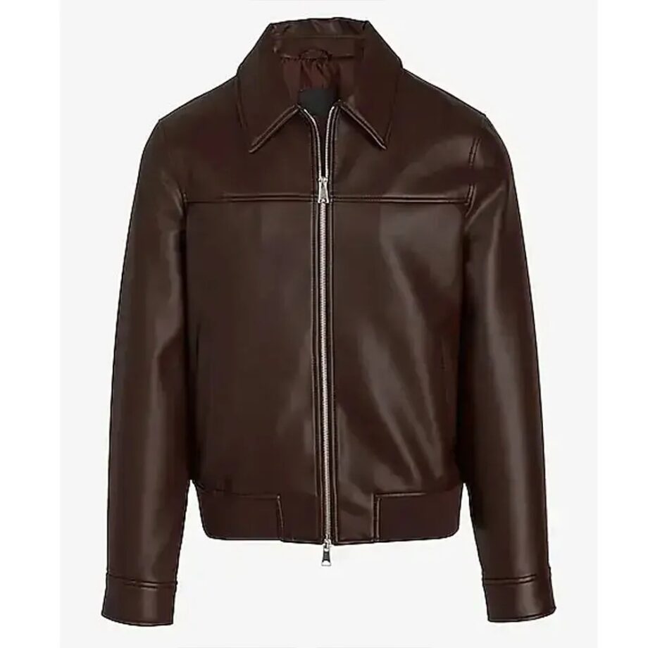 Mens Brown Shirt Collar Faux Leather Jacket