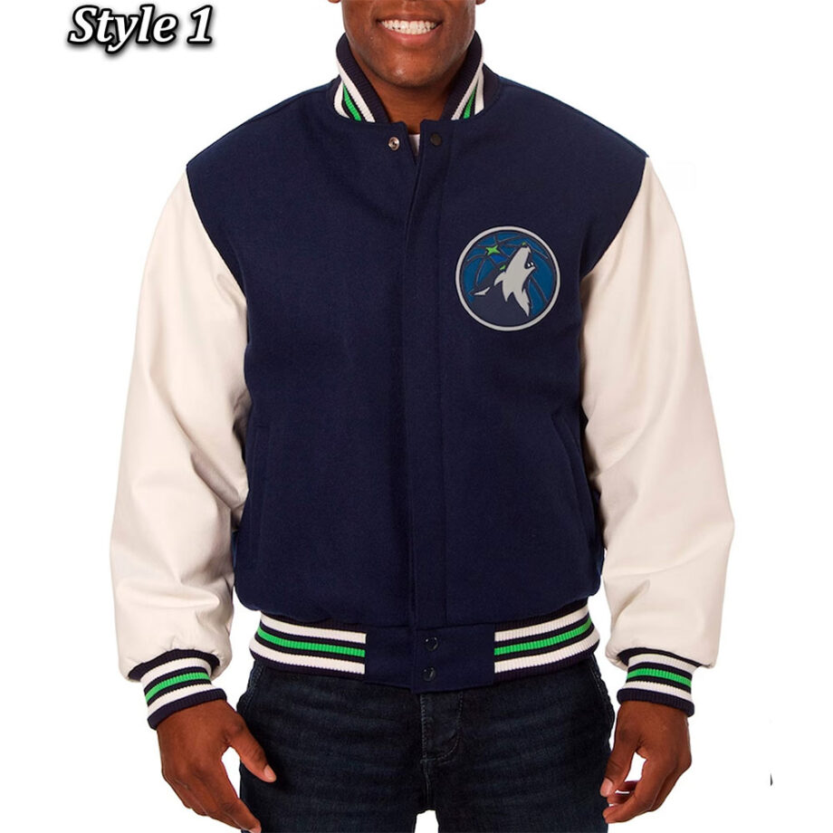 Minnesota Timberwolves Navy & White Varsity Wool Leather Jacket