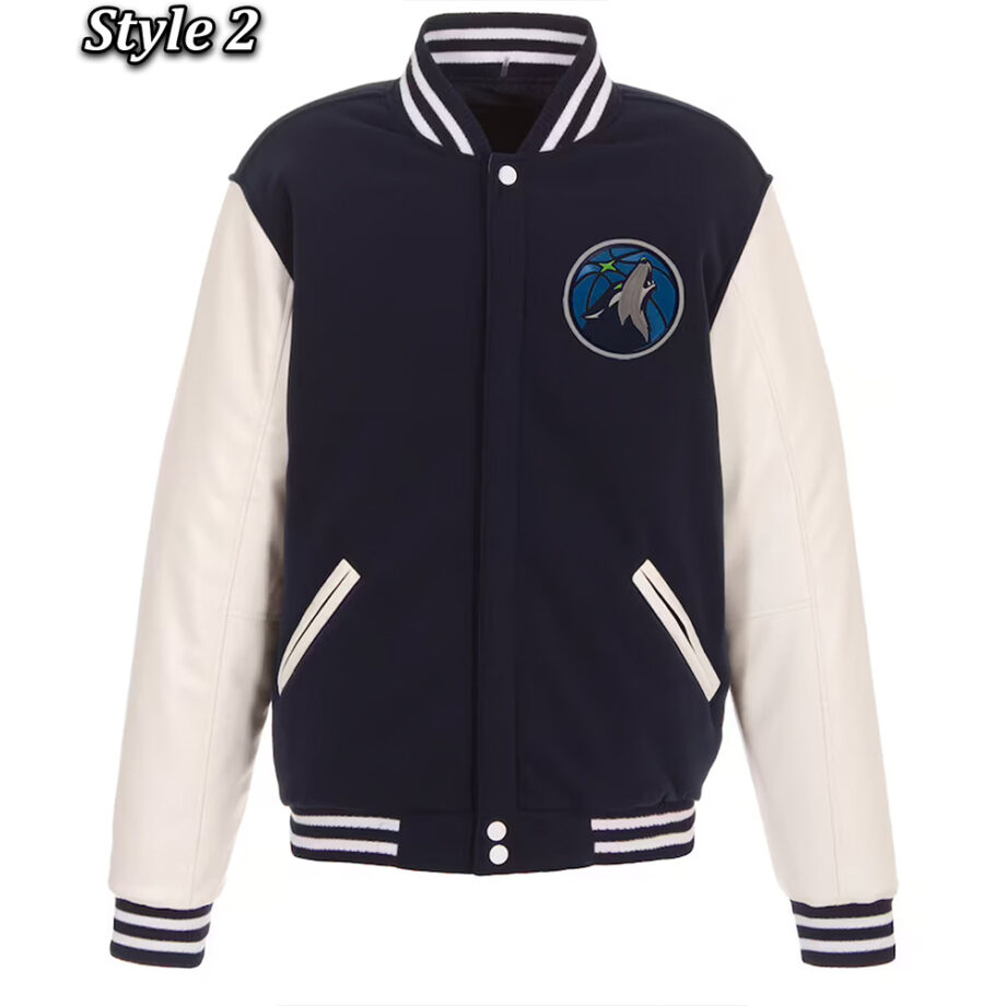 Minnesota Timberwolves Navy & White Varsity Wool Leather Jacket