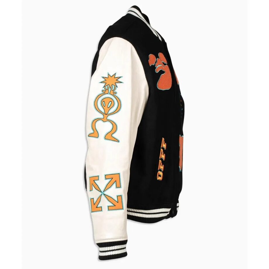 Black & Orange Off-White Graphic Varsity Jacket