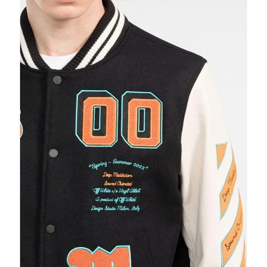 Black & Orange Off-White Graphic Varsity Jacket