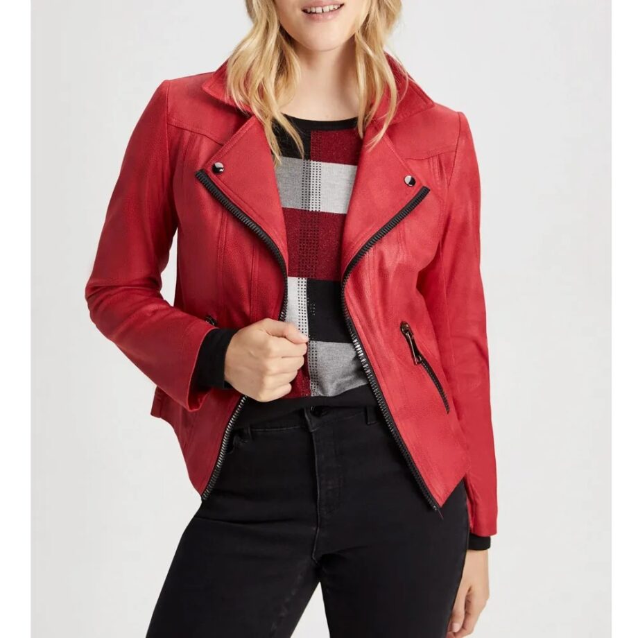 Women Vex Zipper Trim Red Leather Jacket