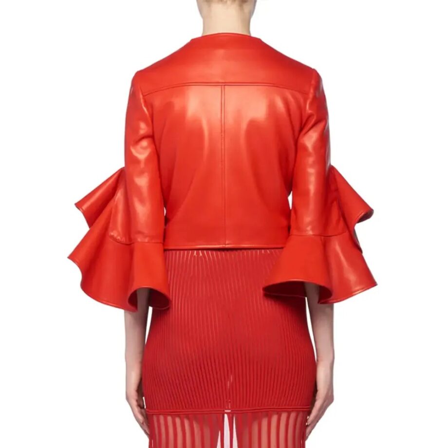 Ruffle Elbow-Sleeve Fitted Cropped Biker Leather Jacket