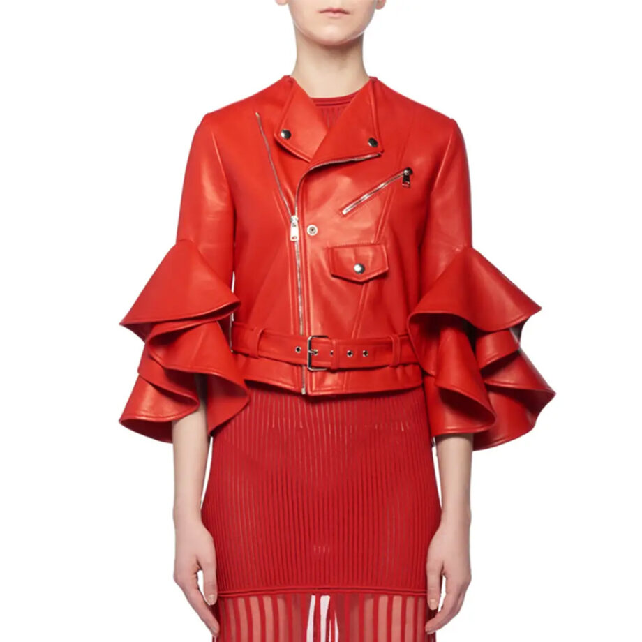Ruffle Elbow-Sleeve Fitted Cropped Biker Leather Jacket