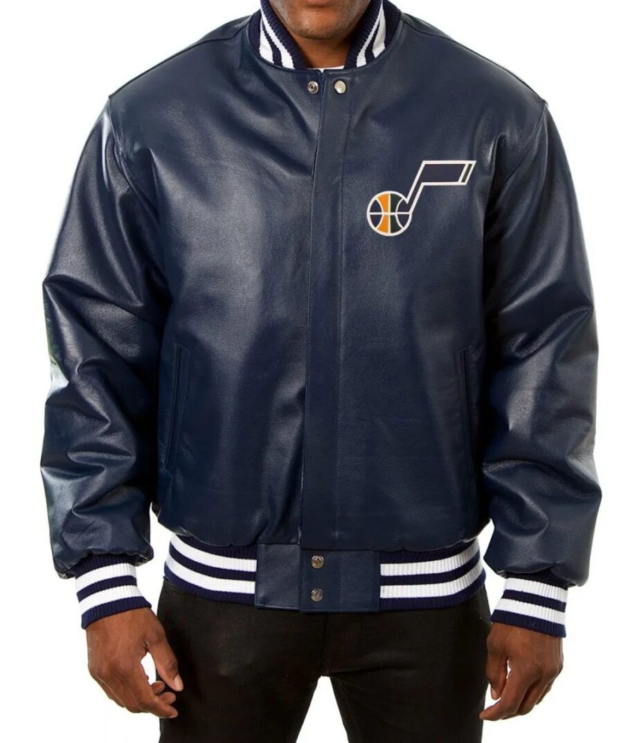 Utah Jazz Navy Blue Leather Jacket