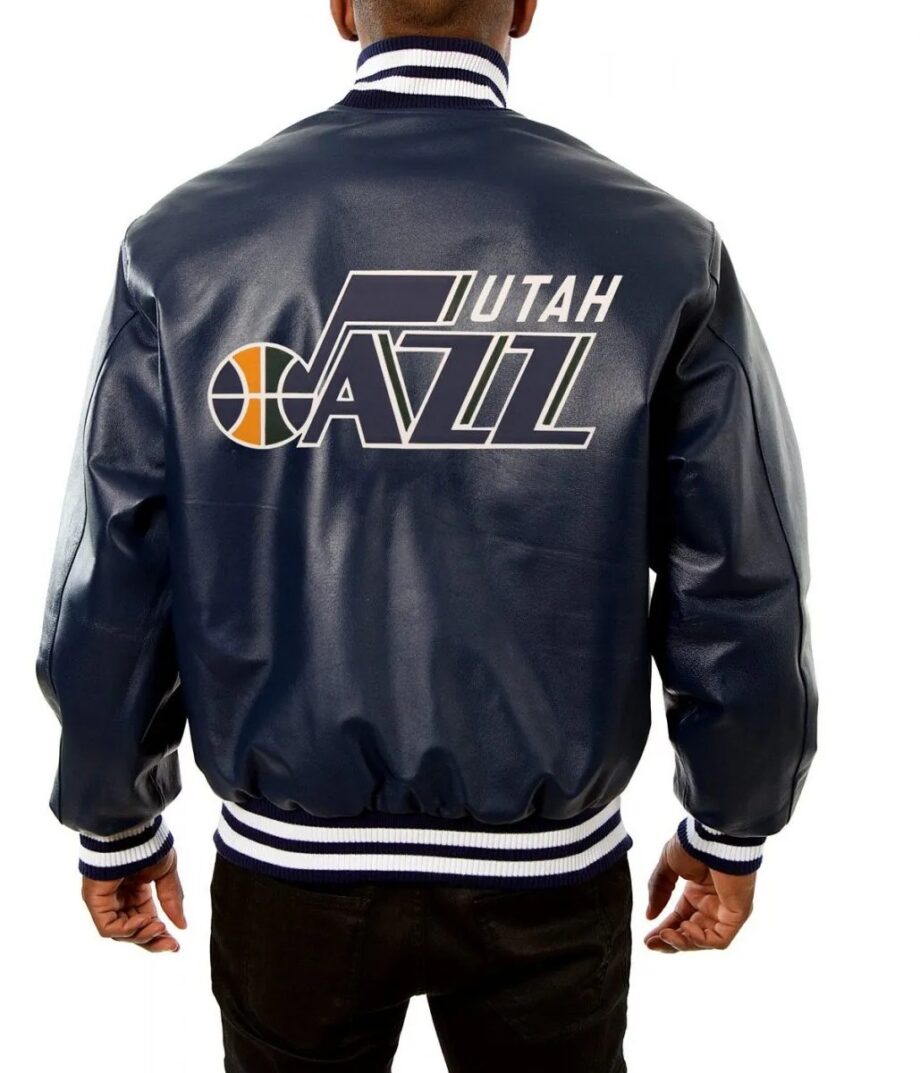Utah Jazz Navy Blue Leather Jacket