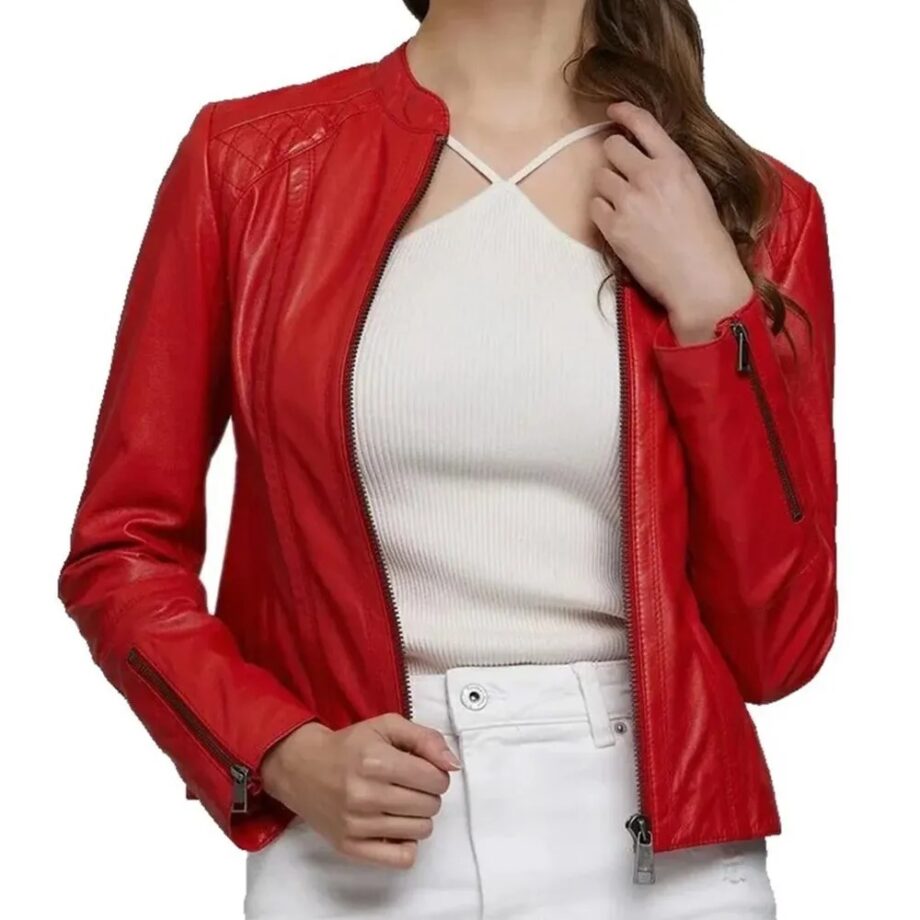 Women 100% Real Red Leather Biker Jacket