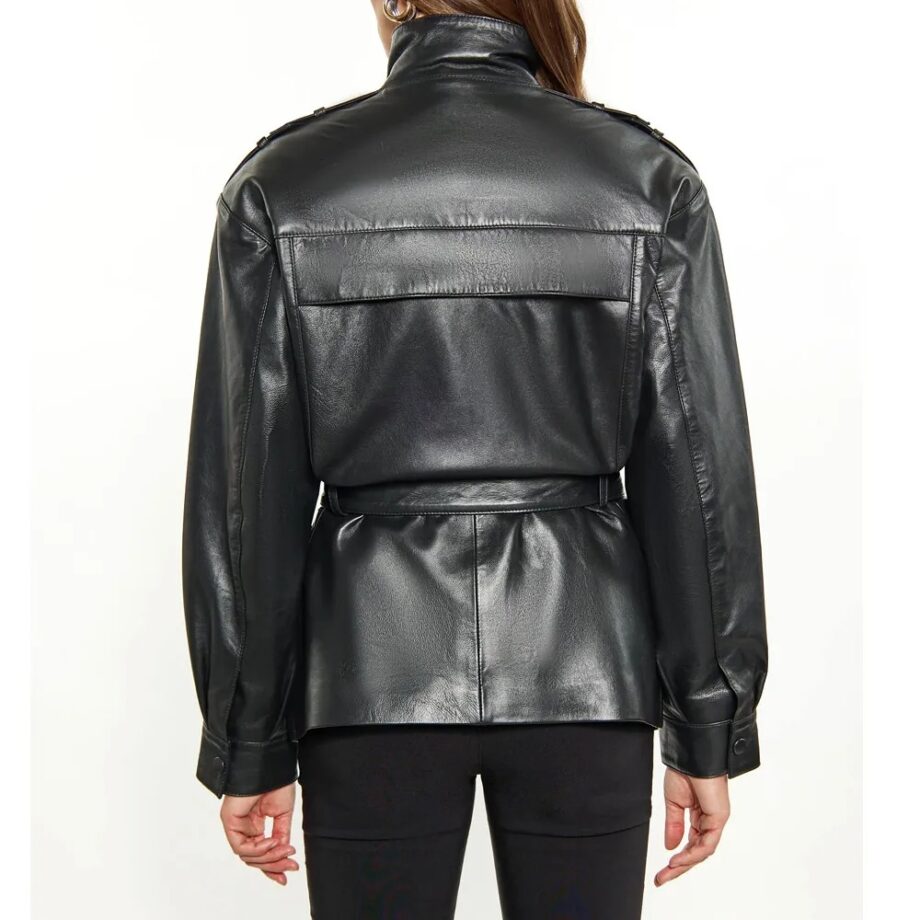 Women's Red Long Belted Leather Jacket