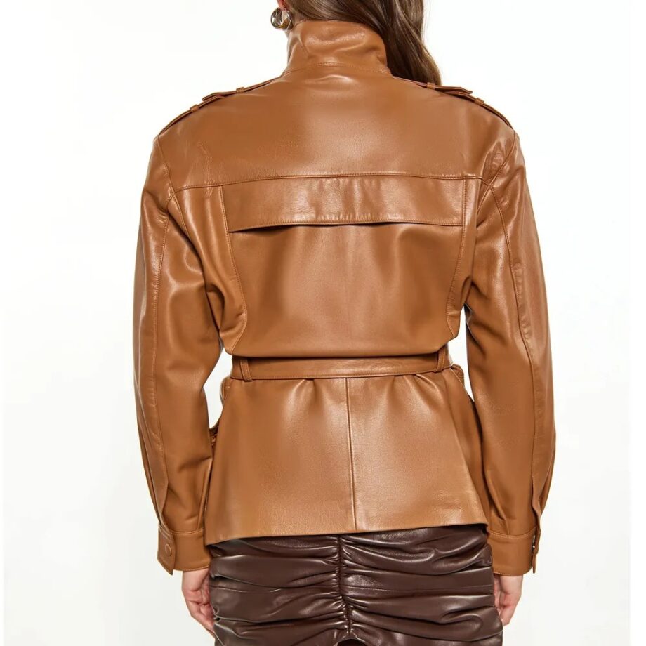 Women's Red Long Belted Leather Jacket