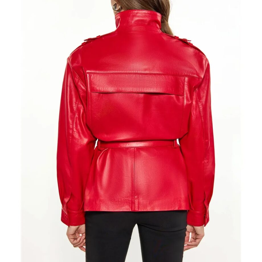 Women's Red Long Belted Leather Jacket