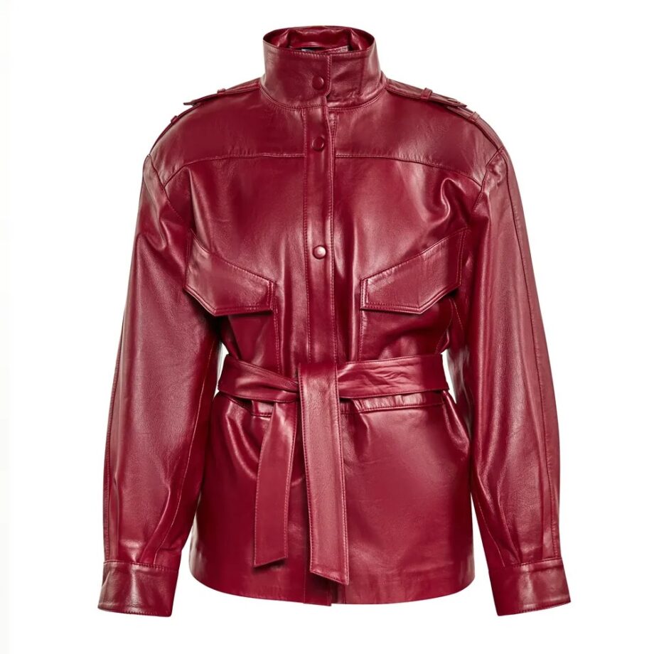 Women's Red Long Belted Leather Jacket
