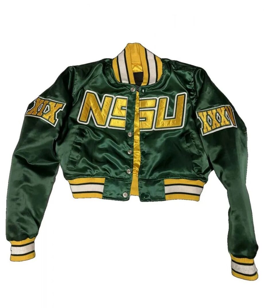 Women Cropped Norfolk State University Green Satin Jacket