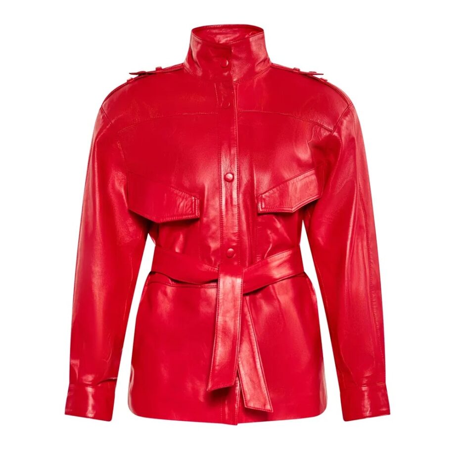 Women's Red Long Belted Leather Jacket