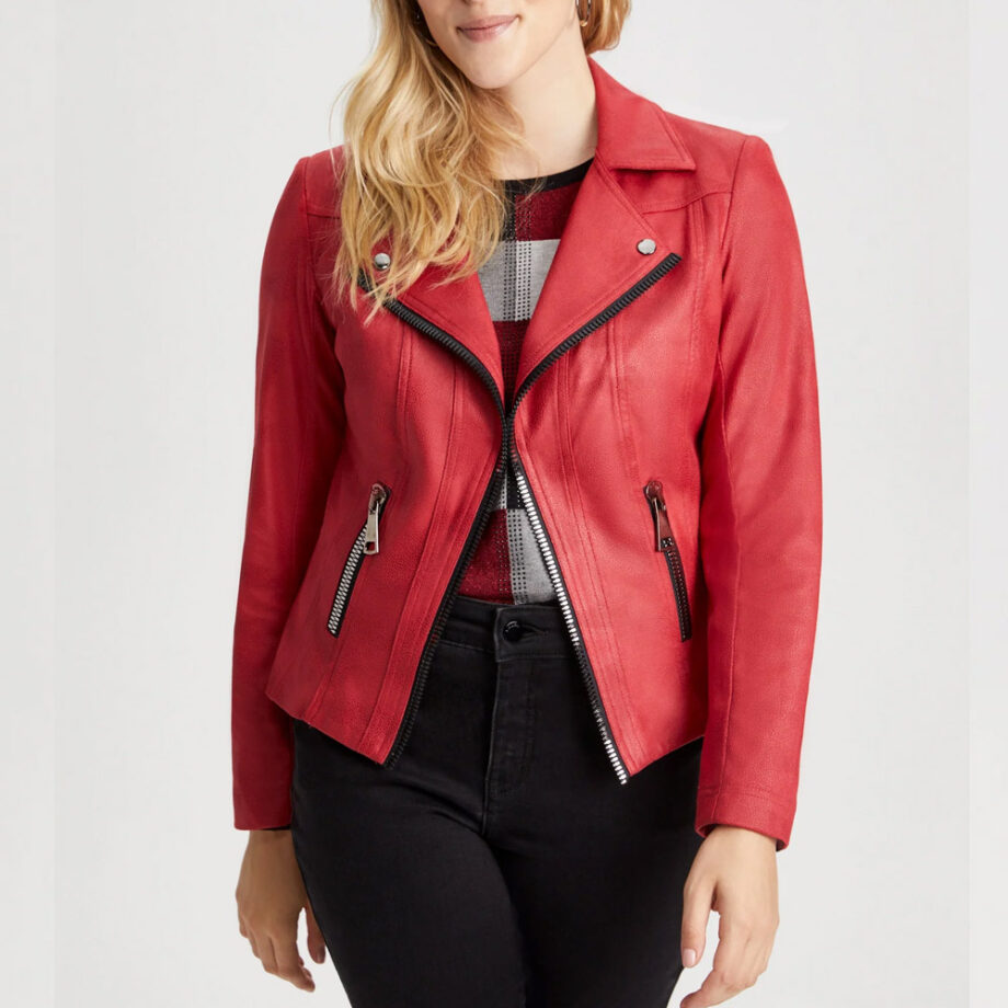 Women Vex Zipper Trim Red Leather Jacket