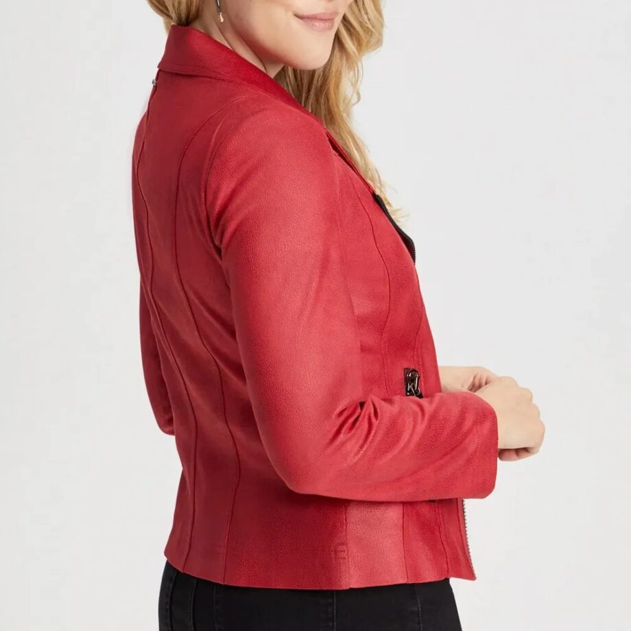 Women Vex Zipper Trim Red Leather Jacket