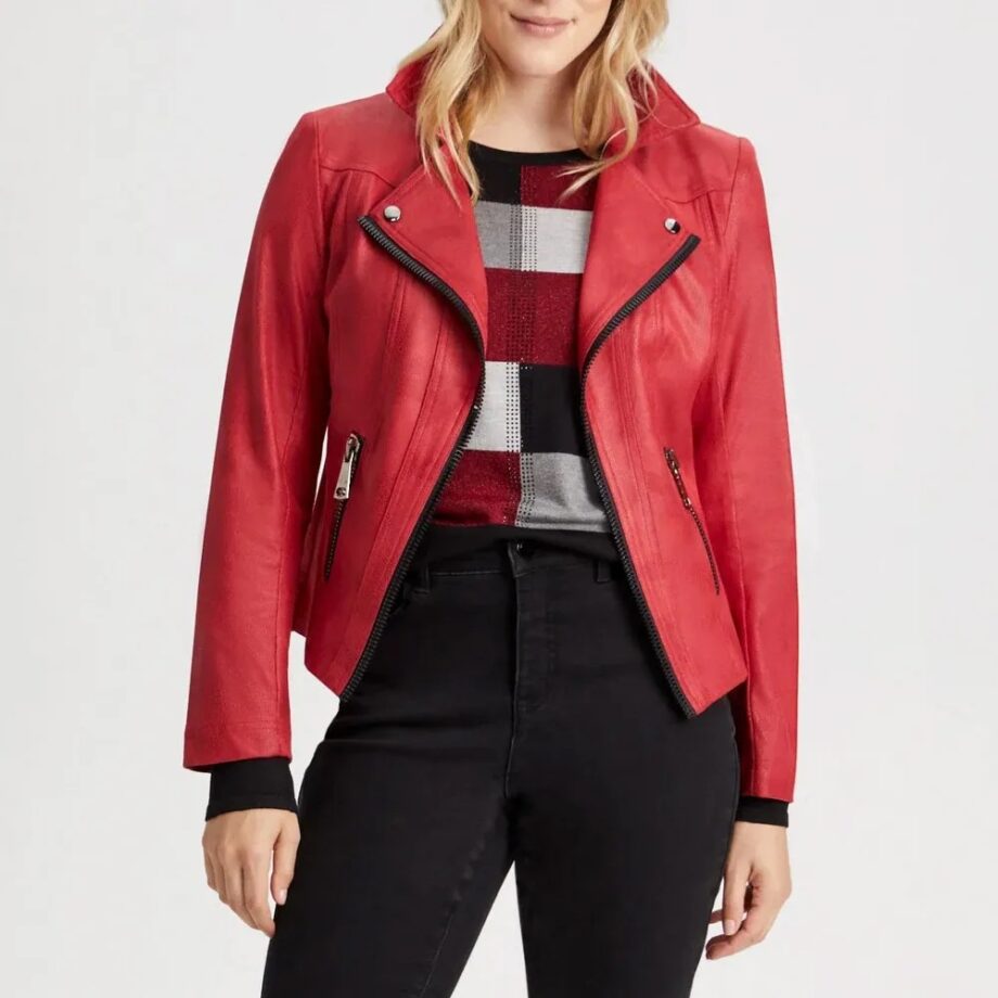 Women Vex Zipper Trim Red Leather Jacket