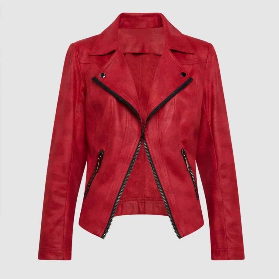 Women Vex Zipper Trim Red Leather Jacket