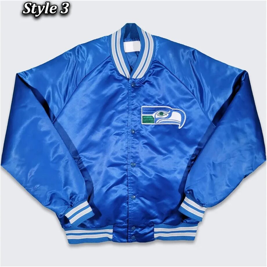 Vintage Seattle Seahawks 80s Blue Satin Bomber Jacket