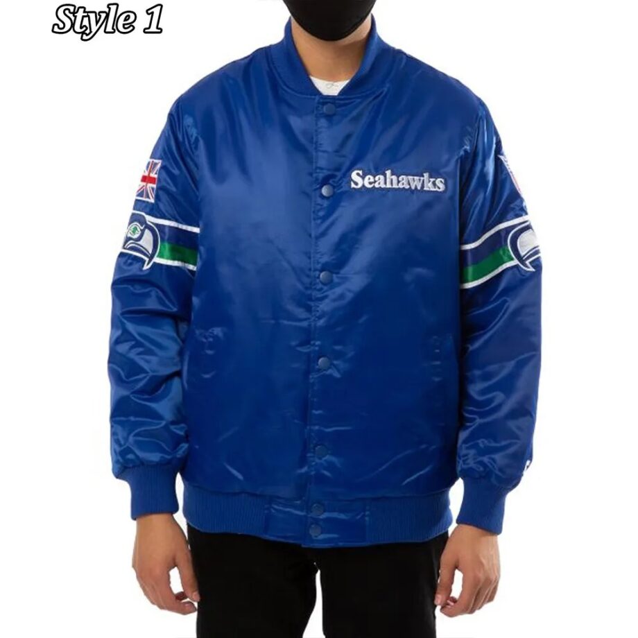 Vintage Seattle Seahawks 80s Blue Satin Bomber Jacket