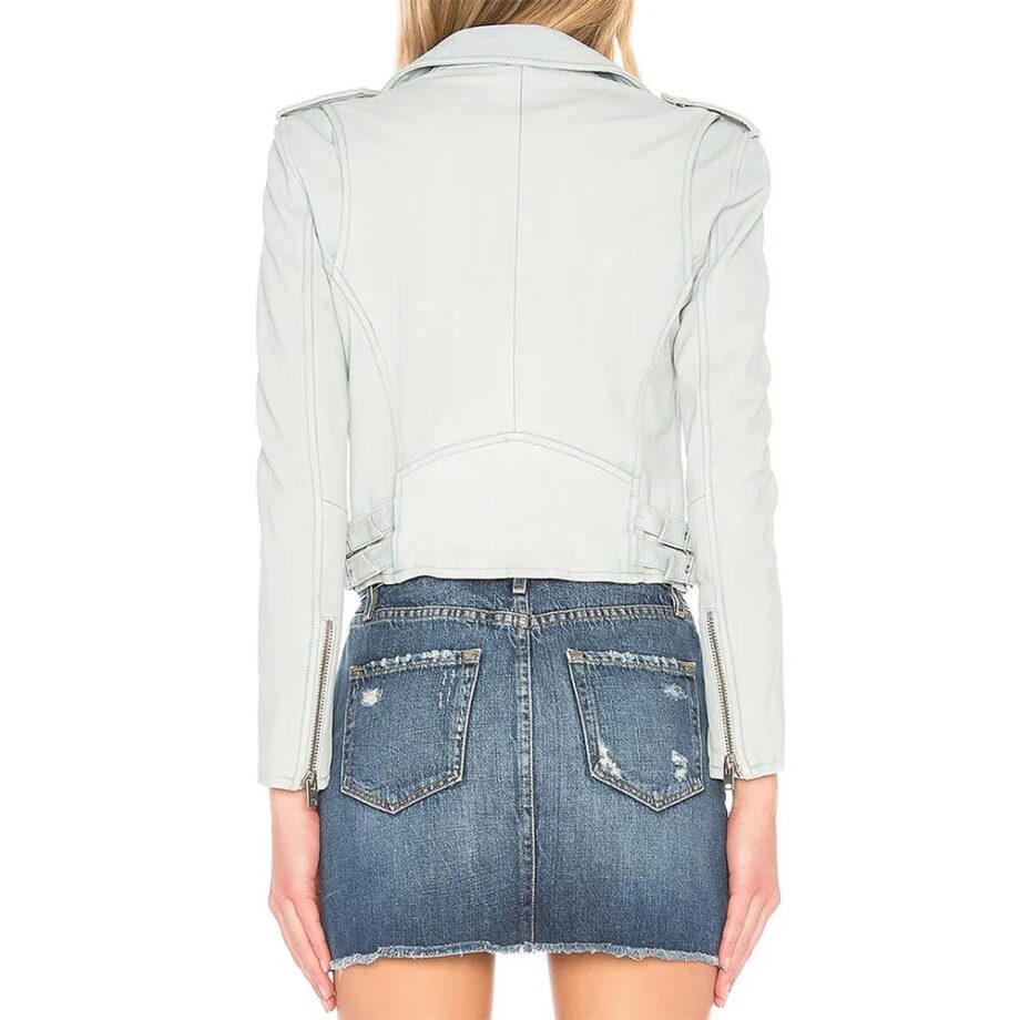 Emily in Paris Lily Collins Light Blue Leather Jacket