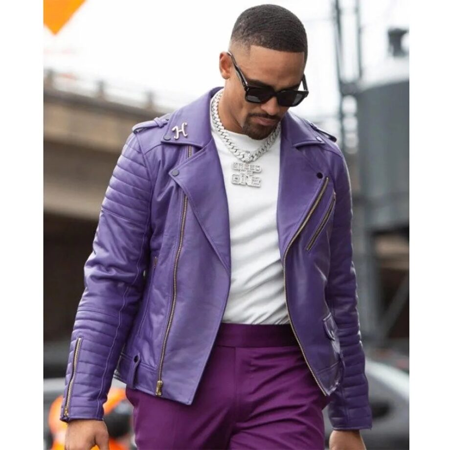 Jalen Hurts Purple Leather Biker Jacket