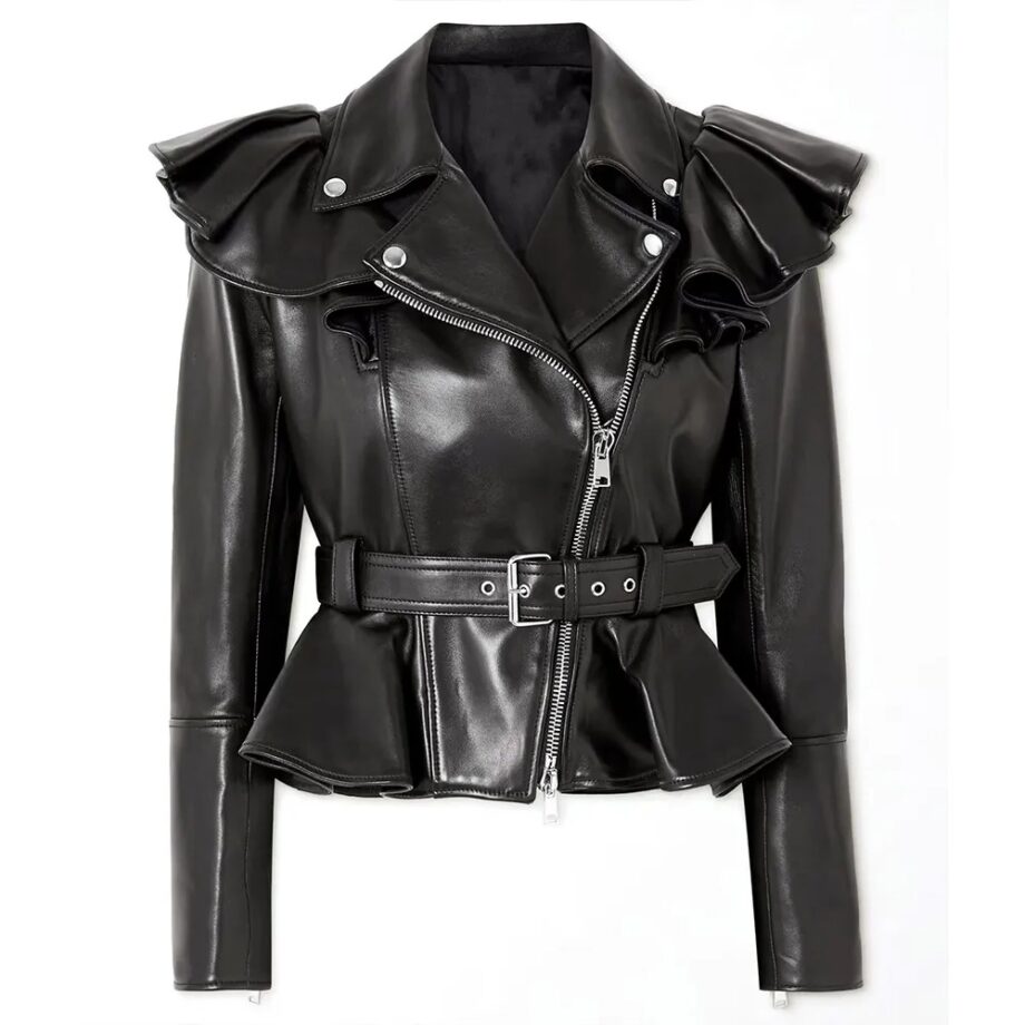 Kelly Clarkson The Voice Belted Ruffled Leather Jacket